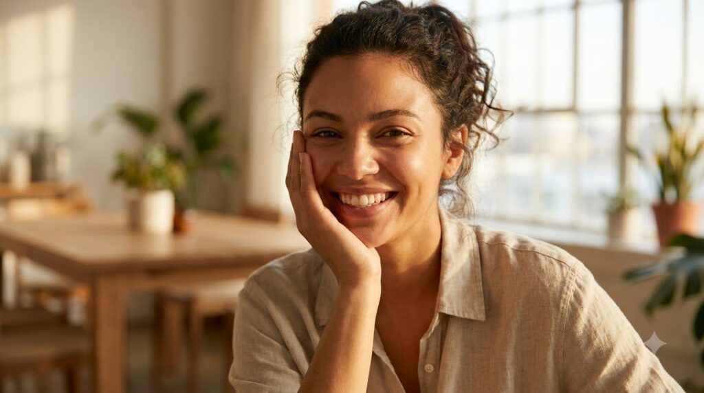 A woman with clear glowing youthful-looking skin smiling confidently perhaps touching her cheek gently Soft natural ligh