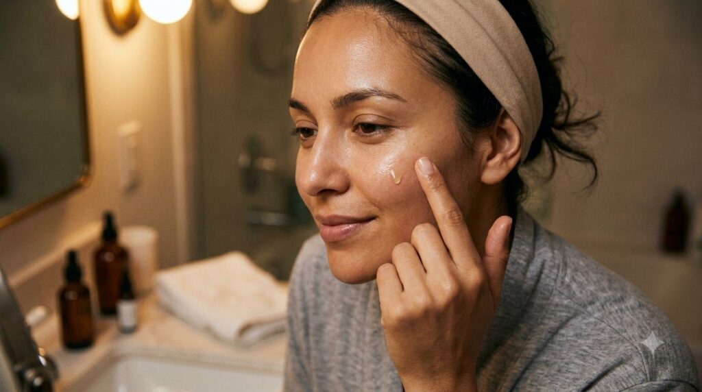 A woman applying a small amount of clear golden-hued oil to her cheek with fingertips showing radiant and healthy skin i
