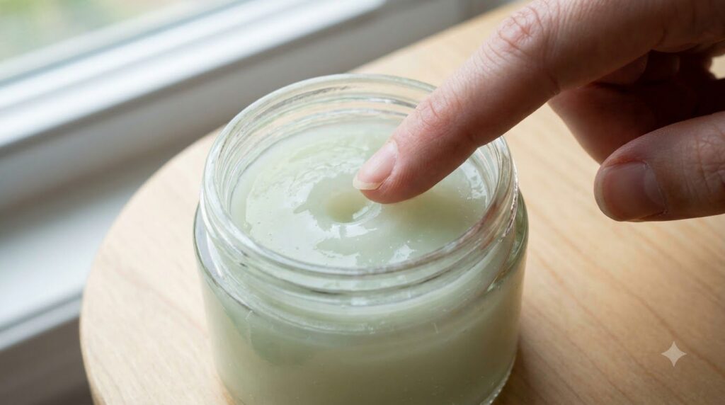 A small glass jar filled with the homemade glow gel with a finger testing its smooth texture