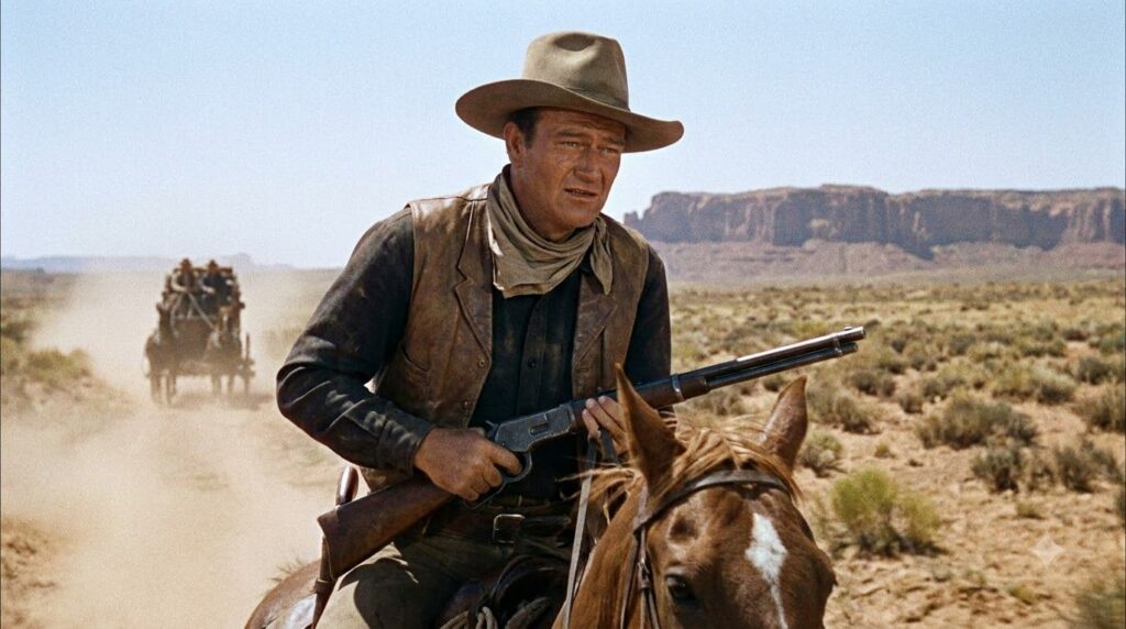 A still from the classic Western film Stagecoach featuring John Wayne in a prominent role showcasing his iconic look fro