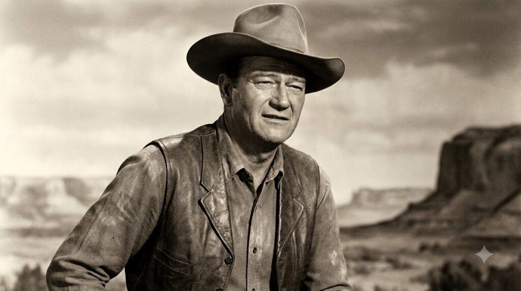 A promotional portrait of John Wayne from the mid-20th century highlighting his signature rugged look and confident deme