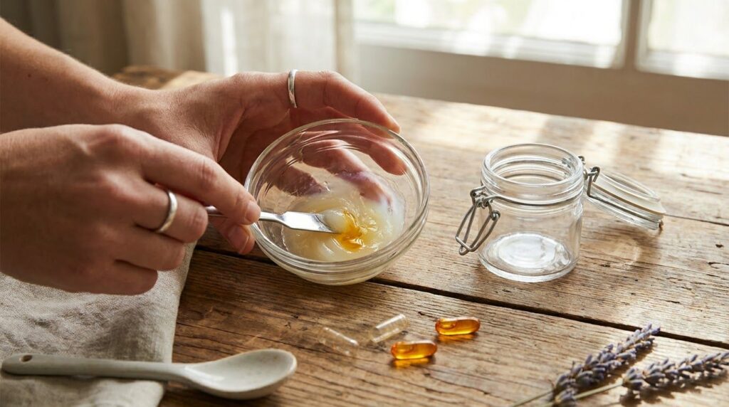 Hands mixing Vaseline and liquid from a Vitamin E capsule in a small clear glass bowl with a tiny spatula creating a smo