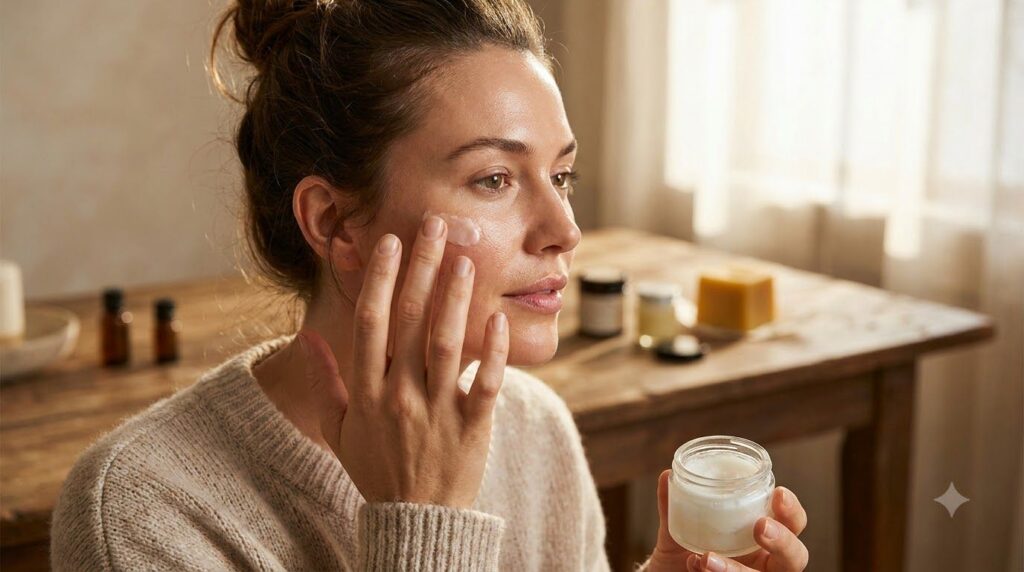 A woman gently applying a small amount of the homemade balm to her cheek near her eye area with her fingertips Her skin 