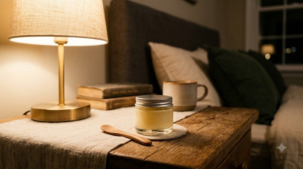 A small clear glass jar filled with the yellowish overnight glow cream placed on a bedside table next to a soft lamp ind