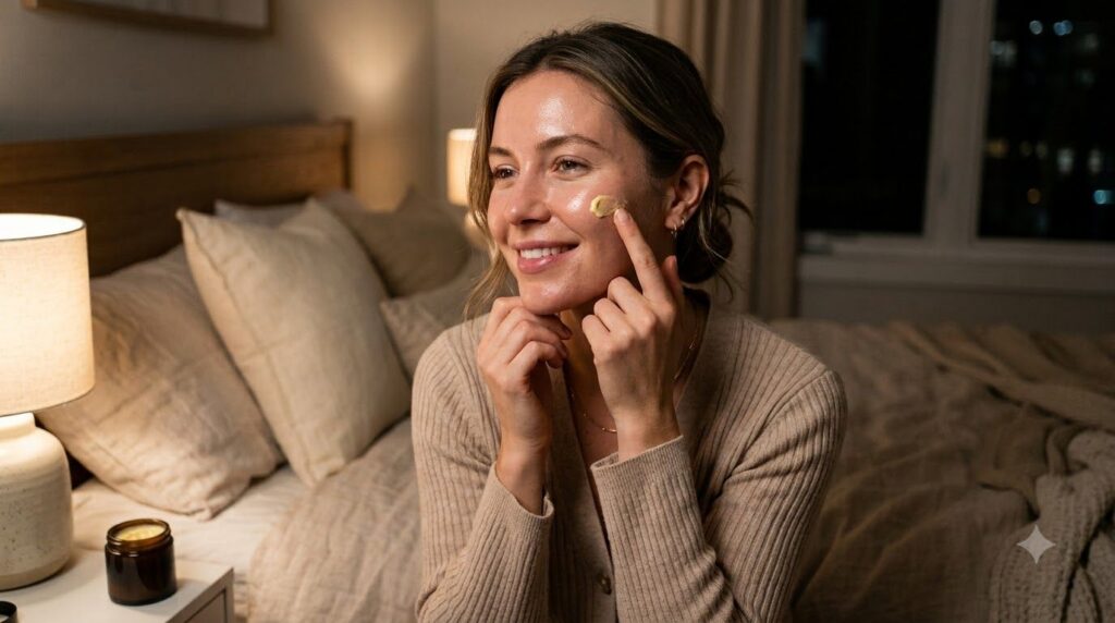 A woman with clean skin gently applying a small amount of the yellowish overnight cream to her cheek before bed in a sof
