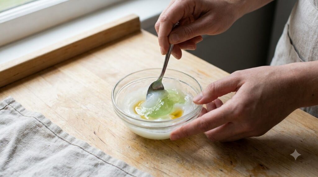 Hands mixing Vaseline with aloe vera gel and almond oil in a small clear glass bowl with a spoon