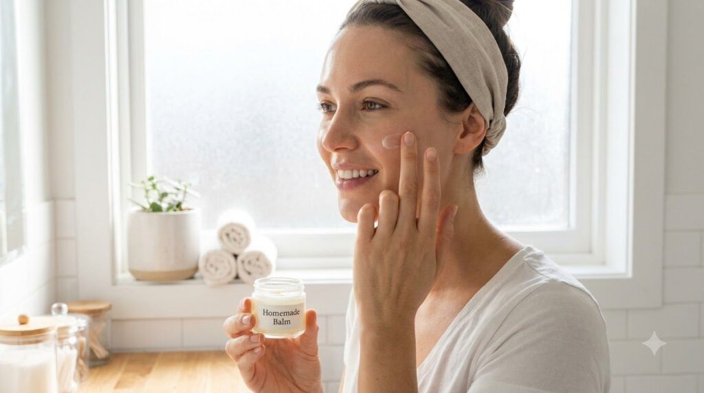 A woman gently applying a small amount of the homemade Vaseline balm to her cheek illustrating the usage of the beauty r