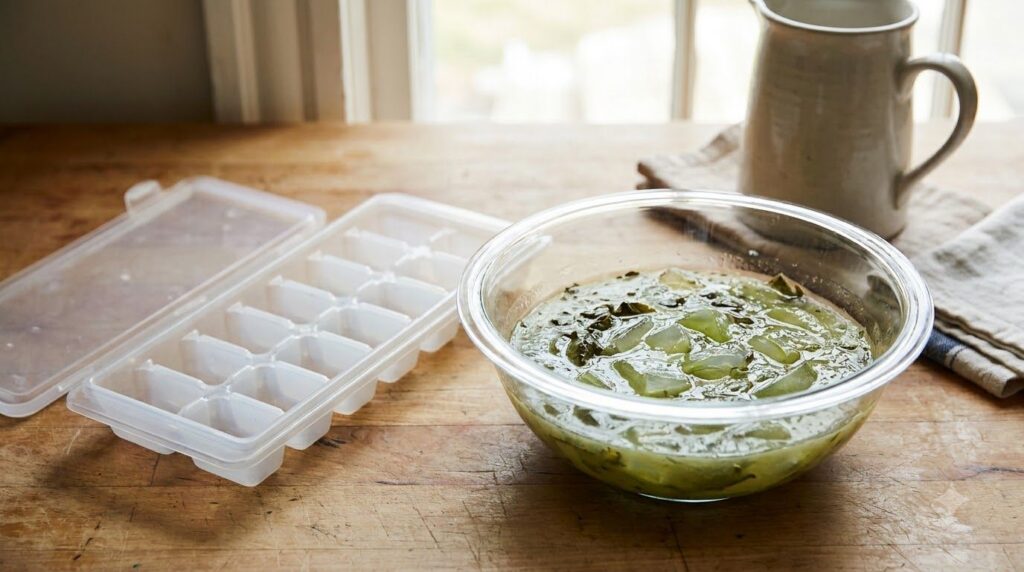 A clear glass bowl containing a green tea and aloe vera mixture next to an empty ice cube tray ready for pouring Ingredi
