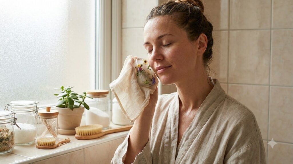 A woman gently applying a DIY beauty ice cube wrapped in a thin cloth to her cheek her eyes closed in a moment of refres