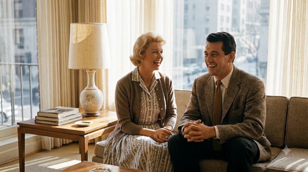 Doris Day and Rock Hudson laughing together in a scene from Pillow Talk