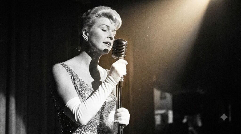 Doris Day singing into a vintage microphone on stage