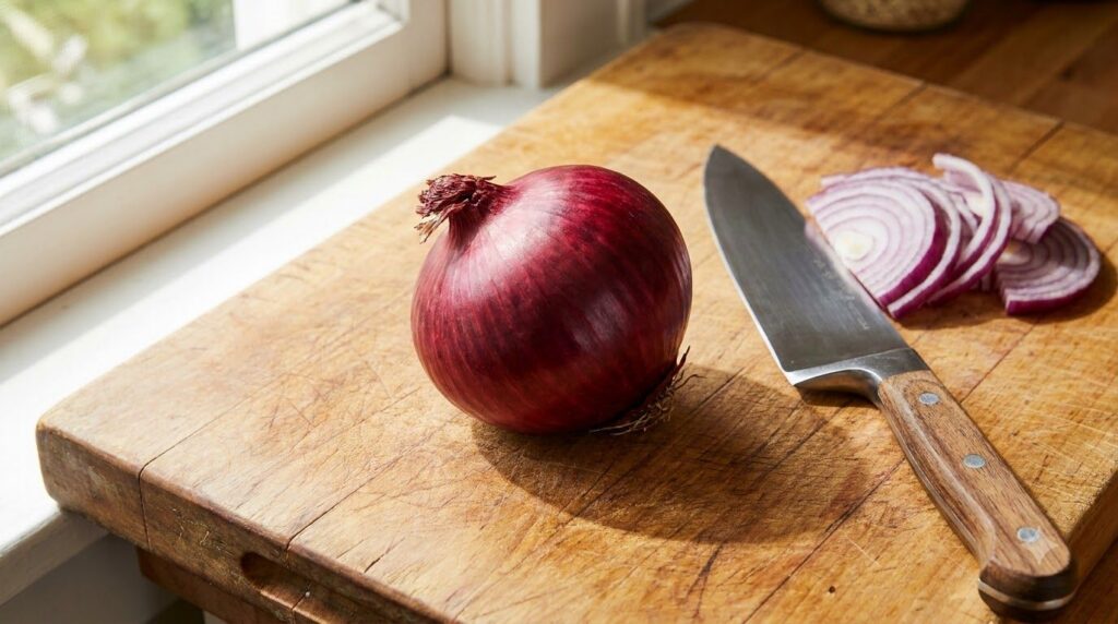 A whole red onion on a wooden cutting board with a knife next to it ready to be sliced