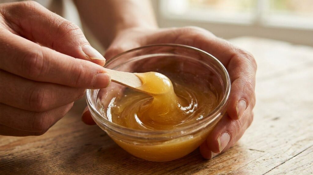 Close-up shot of hands stirring a mixture of Vaseline honey and Vitamin E oil in a small glass bowl with a mini spatula 