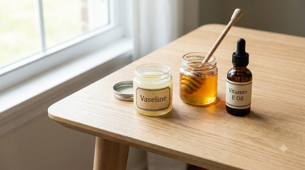 A still life composition showing a small open jar of Vaseline a small jar of honey and a bottle of Vitamin E oil arrange