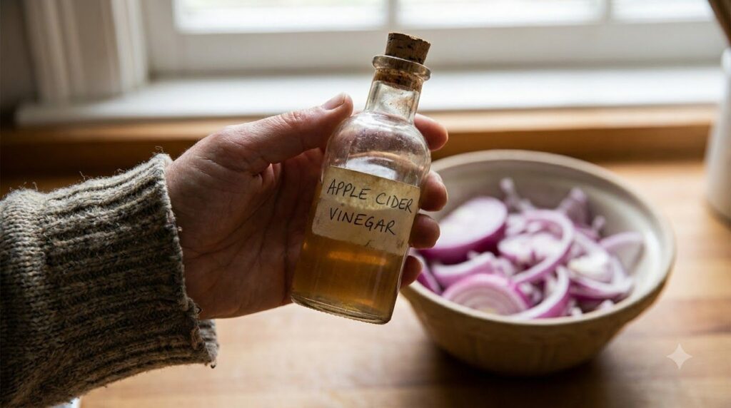 A close-up of a person s hand holding a small bottle of apple cider vinegar with a bowl of sliced red onions in the back