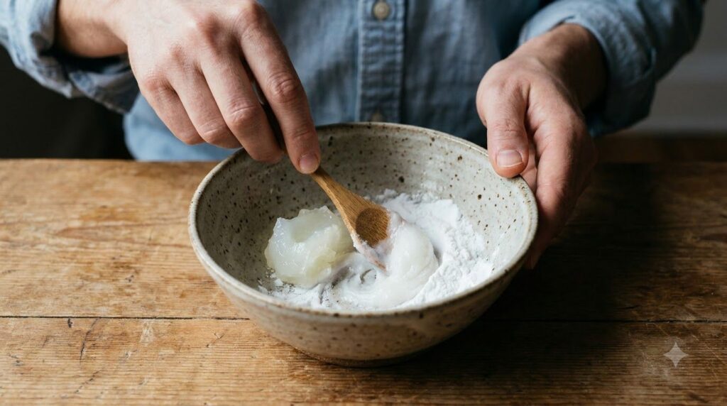 Close-up of hands mixing Vaseline and baking soda in a small ceramic bowl to form a smooth paste