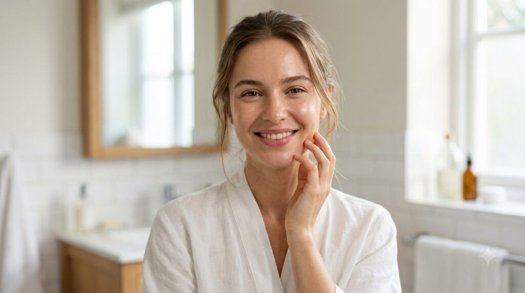 A woman with clean radiant skin after using a gentle homemade scrub smiling softly with a blurred bathroom background