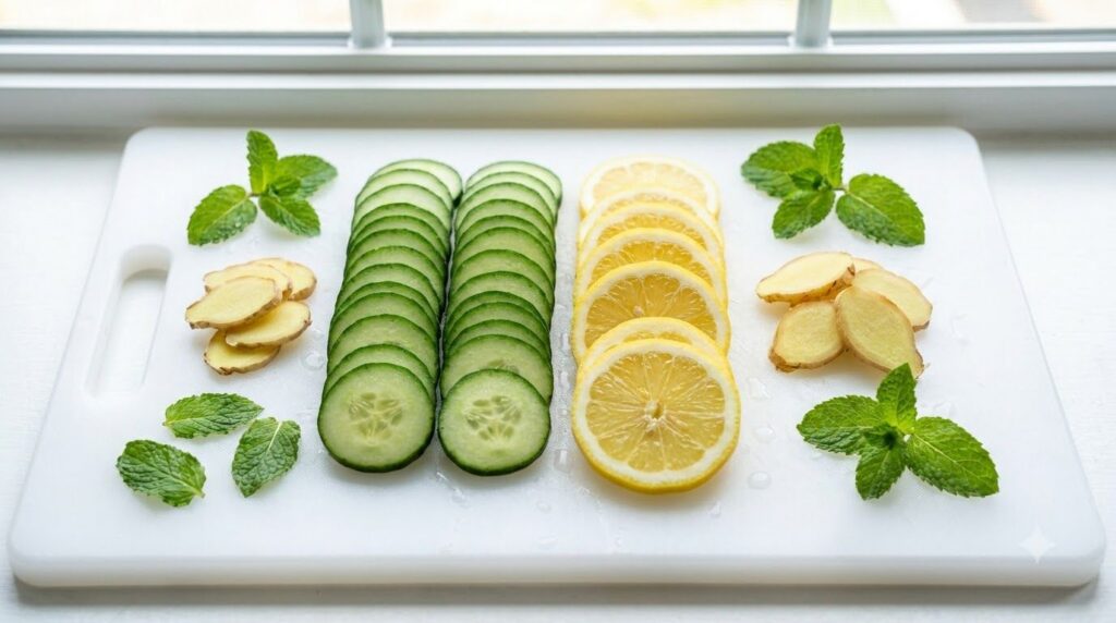 Arrangement of fresh ingredients for detox water sliced cucumber sliced lemon fresh mint leaves and sliced ginger on a w