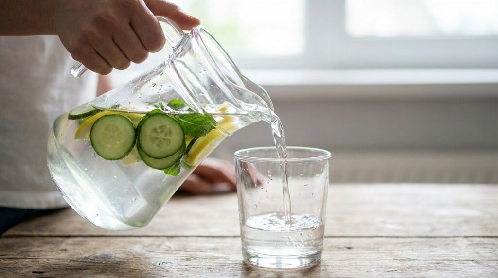 A close-up of a hand pouring the infused water from a glass pitcher into a clear drinking glass with the fresh ingredien