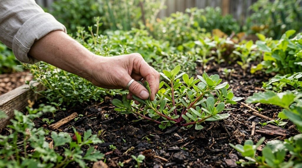 A hand reaching to harvest fresh purslane from a garden bed showing the plant growing abundantly among other garden plan