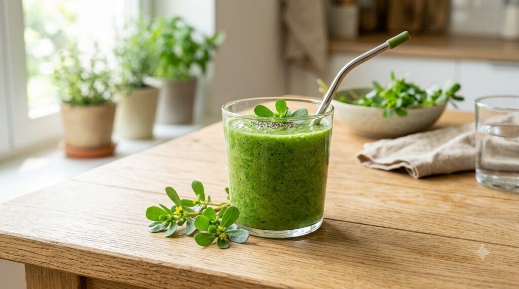 A vibrant green smoothie containing purslane served in a clear glass with a reusable straw placed on a light wooden tabl