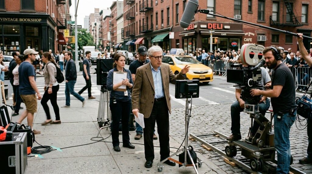 Woody Allen directing a film perhaps on a New York City street surrounded by crew and equipment