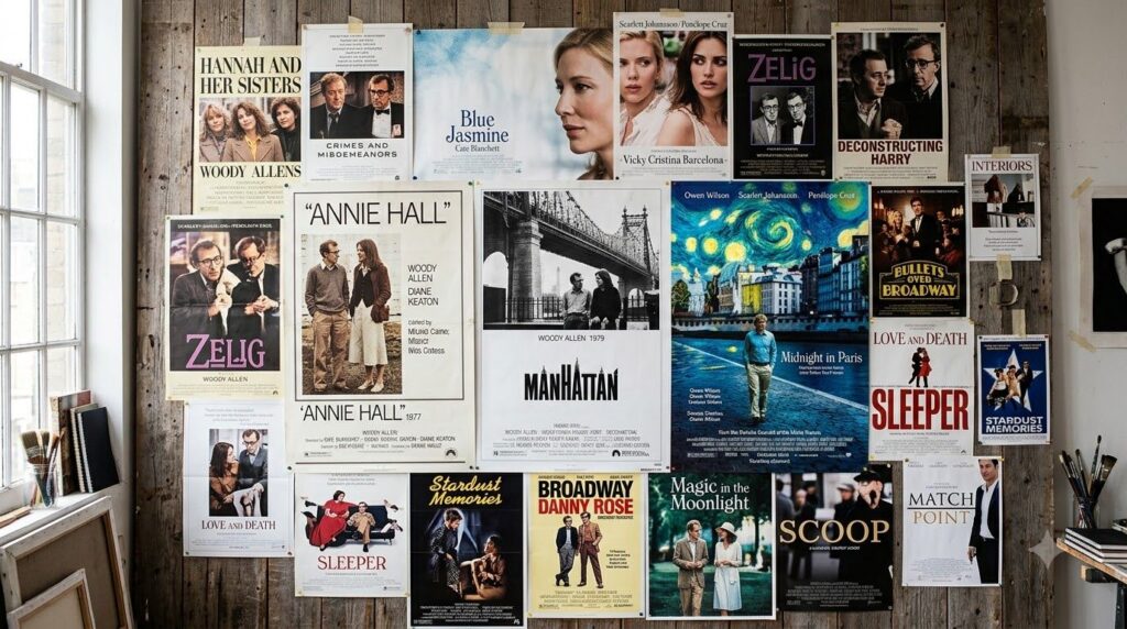 A collection of iconic movie posters from Woody Allen s films showcasing his diverse range