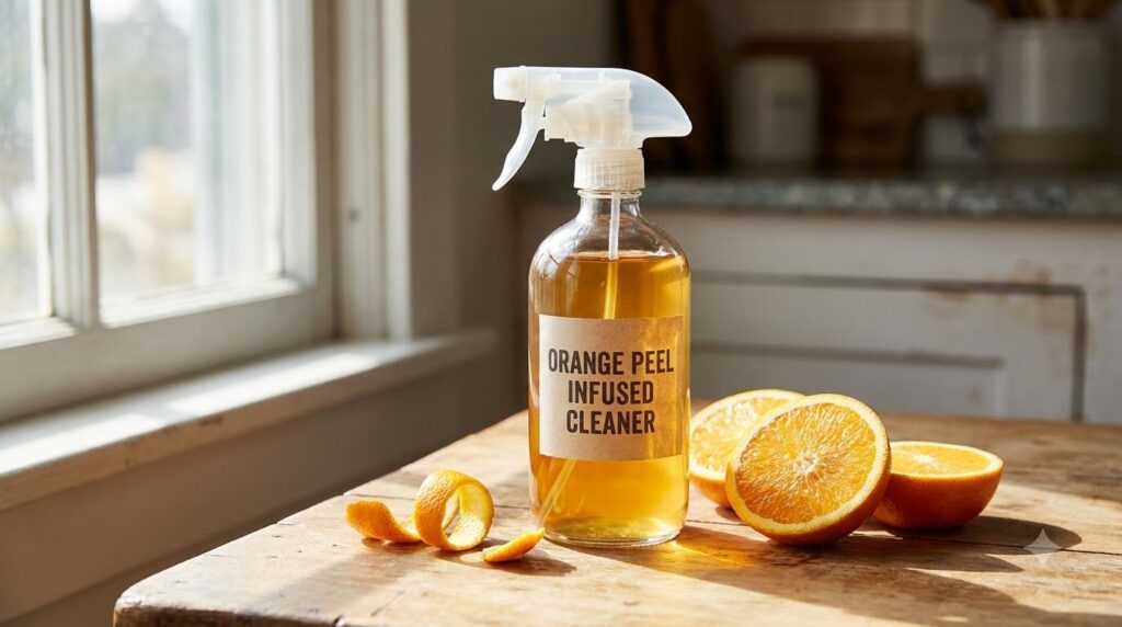 A clear spray bottle filled with a light amber liquid labeled Orange Peel Infused Cleaner or similar with fresh orange s