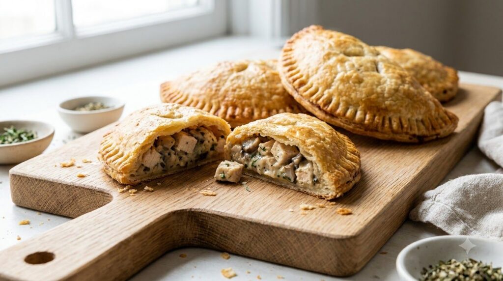 Golden brown chicken and mushroom hand pies with a rich creamy filling visible through a cutout placed on a light wooden