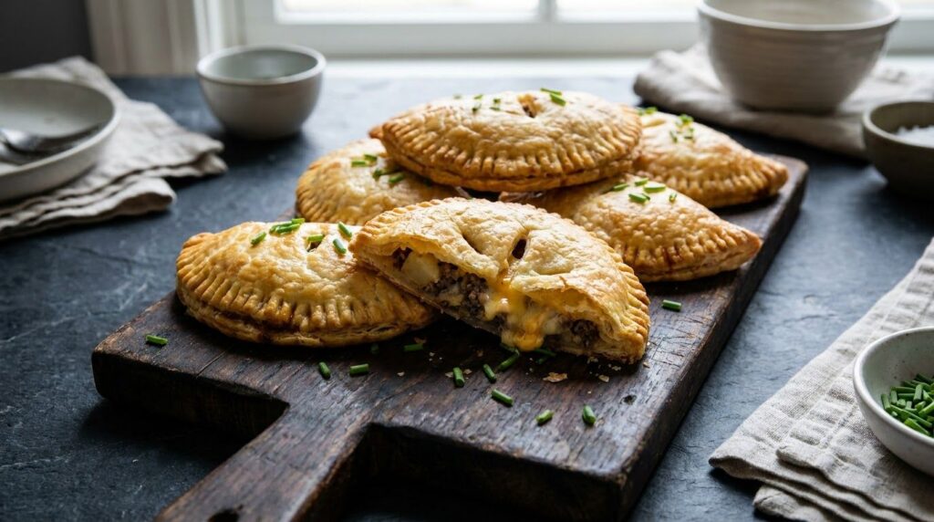 Rustic cheesy beef and potato hand pies with golden crust a slight peek of filling and a sprinkle of chives on top on a 