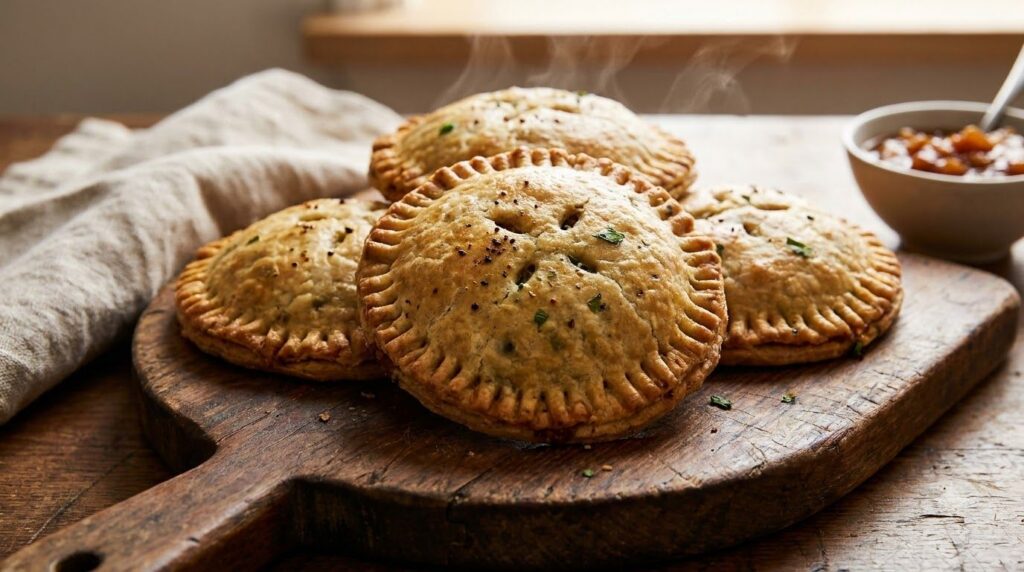 Vegan curried lentil hand pies with a rustic golden crust possibly with whole spices visible on a dark wooden background