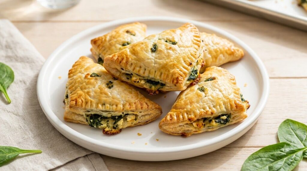 Vegetarian spinach and feta hand pies with a slightly browned flaky crust and a hint of green filling presented on a whi