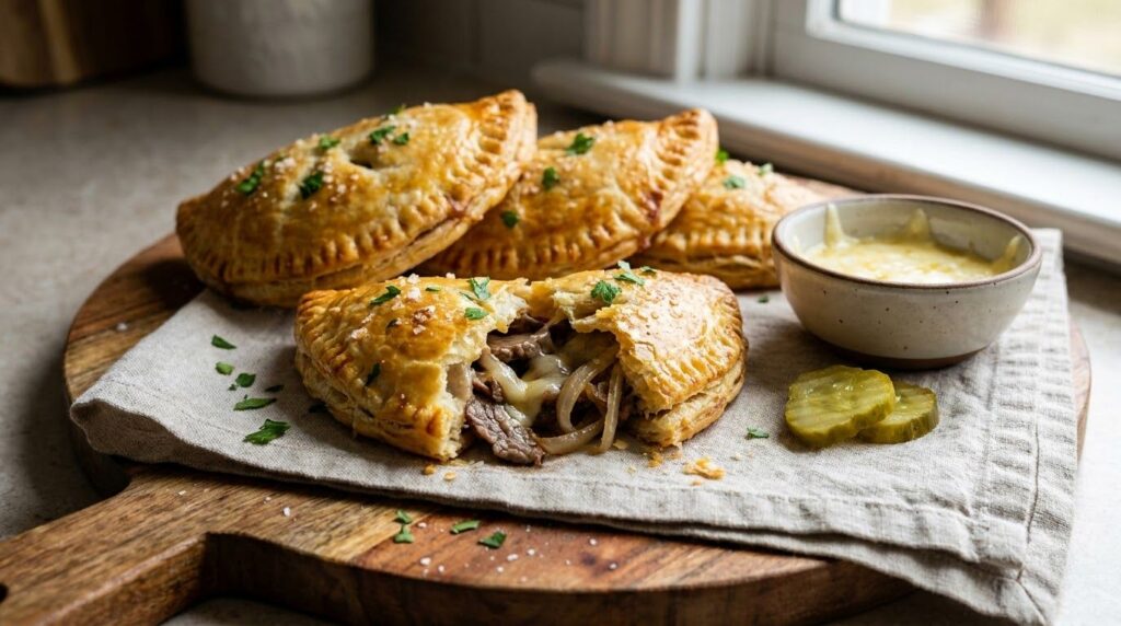 Philly cheesesteak inspired hand pies with thinly sliced beef caramelized onions and melted cheese peeking out from a go