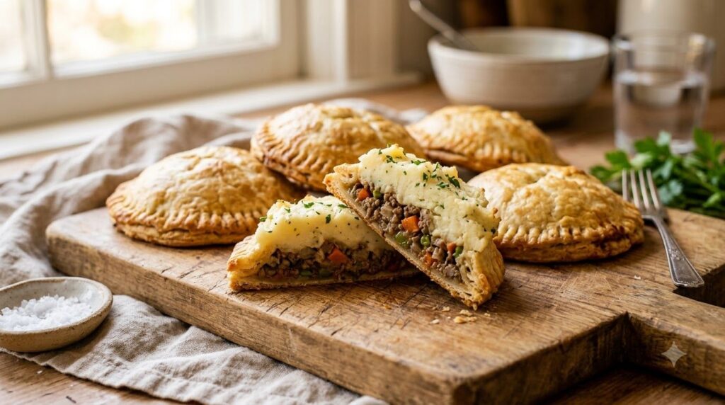 Shepherd s pie inspired hand pies with a golden pastry crust and a visible layer of mashed potato and savory meat fillin