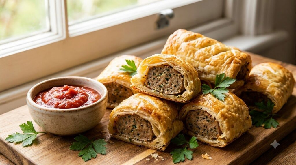 Classic British-style sausage roll hand pies with a golden flaky crust and savory sausage filling served with a small bo