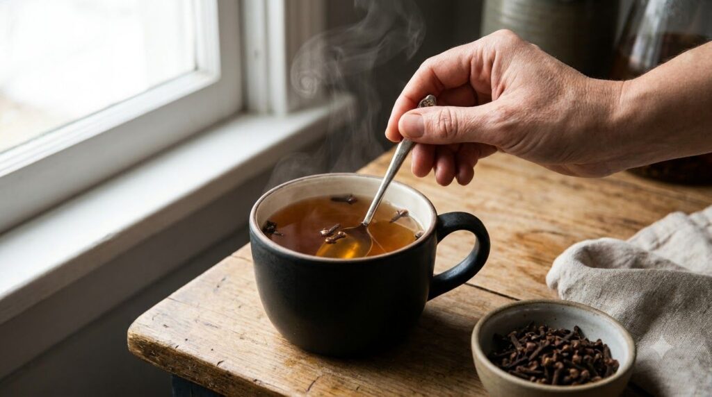 A hand stirring a warm cup of freshly brewed clove tea with a spoon with steam rising on a kitchen counter