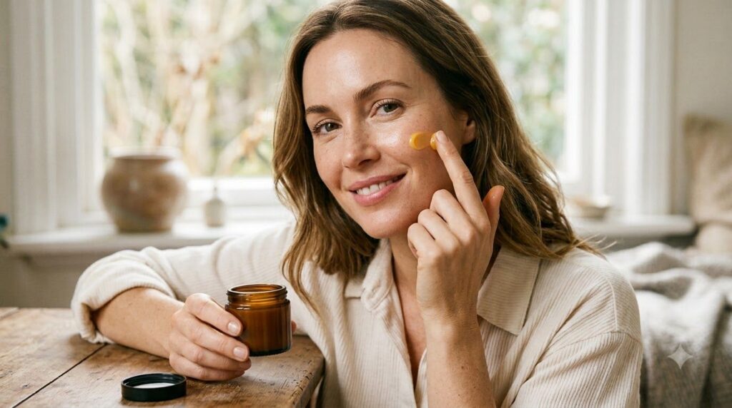 A woman gently applying a small amount of the yellow-orange Vaseline balm to her cheek with her fingertips demonstrating