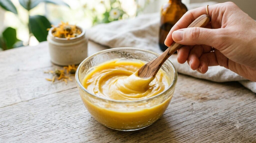 A small glass bowl containing a yellow-orange balm being stirred with a small spatula to show its smooth creamy texture