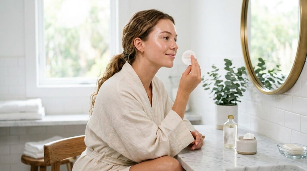 A woman gently applying toner to her face with a cotton pad in a well-lit bathroom her skin looking fresh