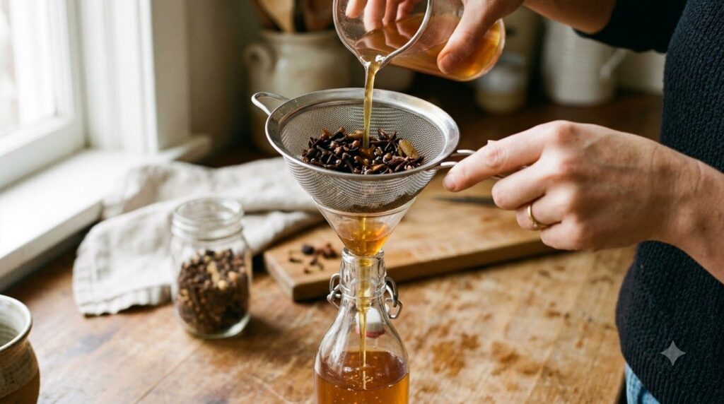 A close-up of a hand straining a cooled amber-colored liquid into a glass bottle with used cloves visible in the sieve
