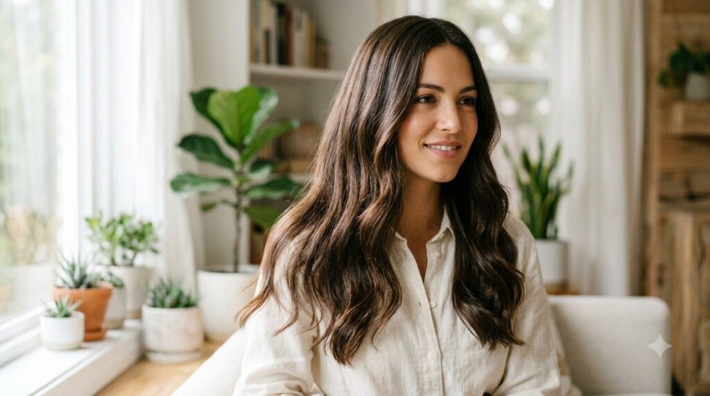 A person with visibly soft shiny and healthy-looking hair possibly after using a hair mask Their hair is flowing and app