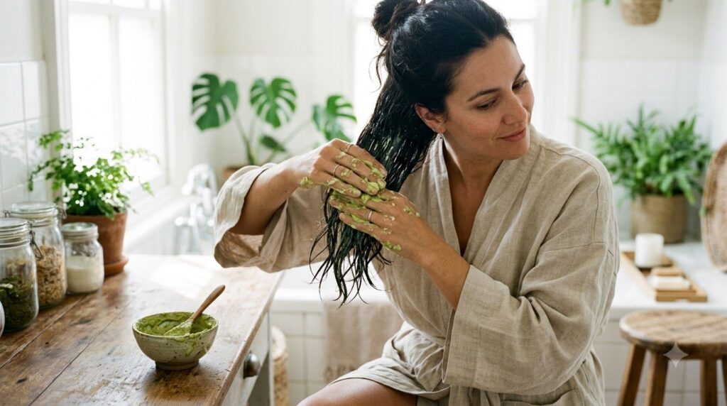 A person applying the avocado and curd hair mask to their dry hair focusing on the mid-lengths and ends Their hands are 