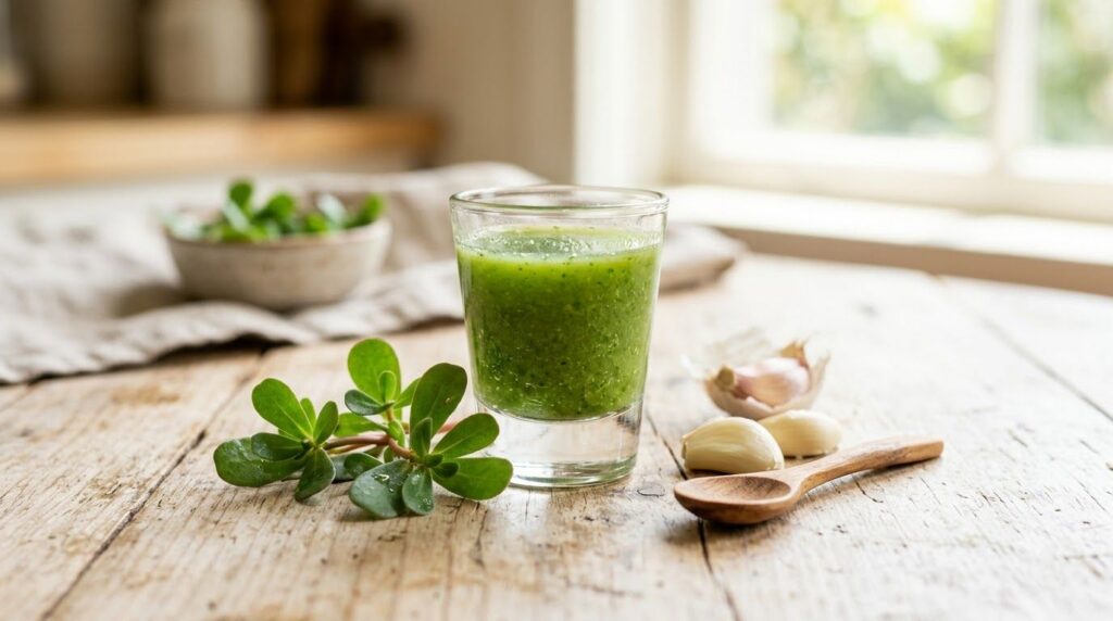 A freshly prepared purslane and garlic wellness shot in a small glass ready to drink with a vibrant green color