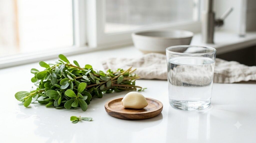 Ingredients for the purslane and garlic wellness shot laid out fresh purslane a peeled garlic clove and a glass of water