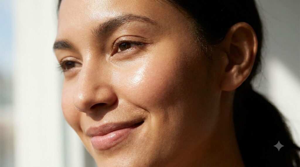 A close-up of healthy glowing skin on a person s face possibly with a subtle sheen from the applied balm conveying a sen