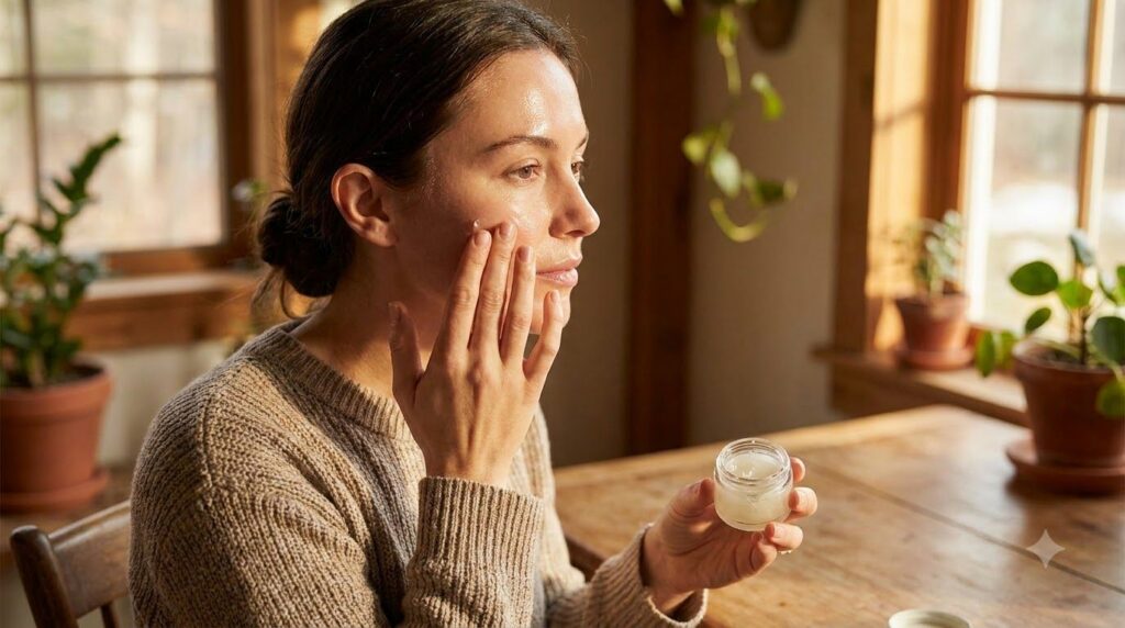 A woman gently applying a small amount of the DIY Vaseline and Vitamin E balm to her face focusing on her cheek area Her