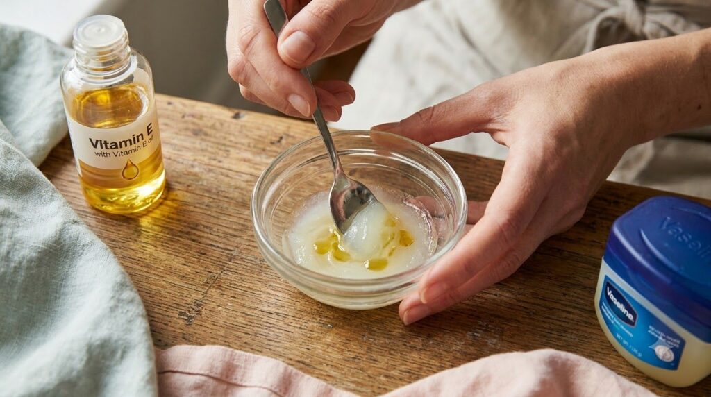 Close-up of hands mixing Vaseline and Vitamin E oil in a small glass bowl with a spoon creating a smooth balm