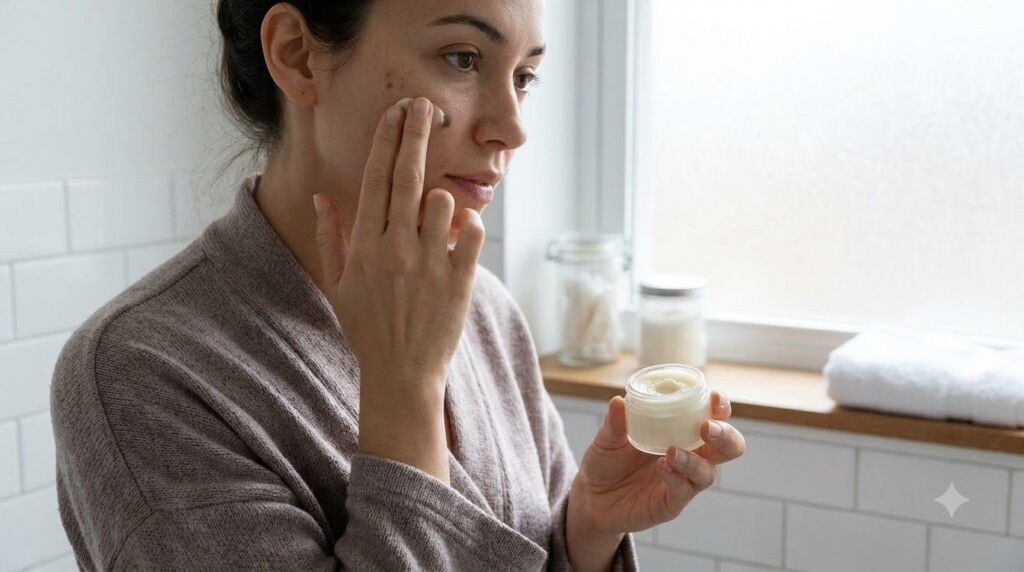 A woman gently dabbing a small amount of the Vaseline and Vitamin E balm onto a dark spot on her cheek illustrating the 