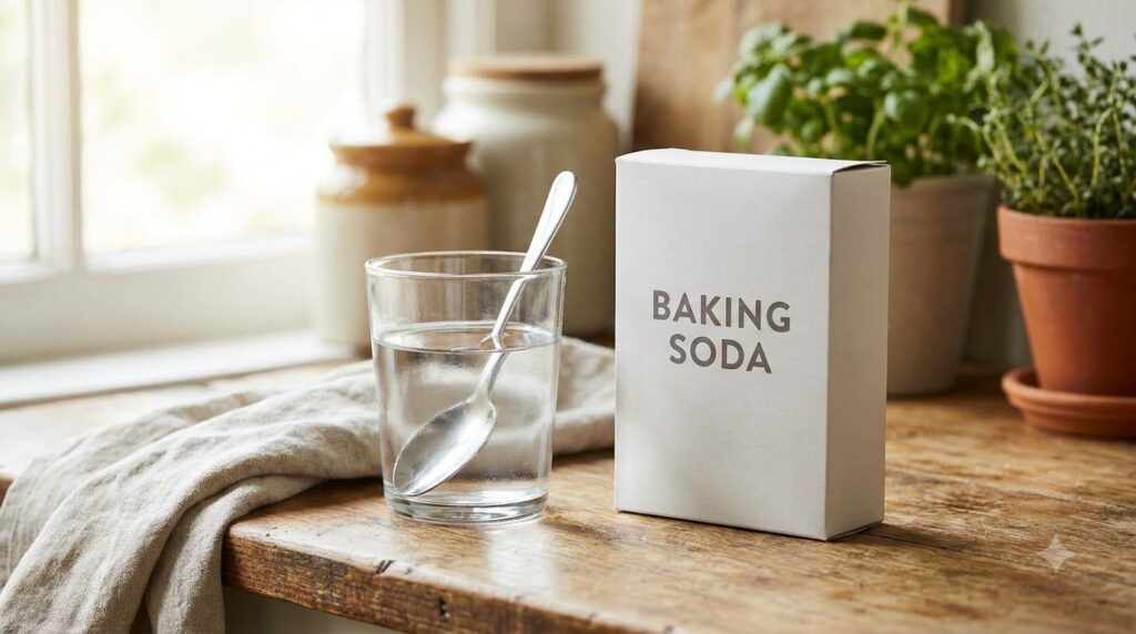 A white box of baking soda next to a clear glass of water on a kitchen counter highlighting the simple ingredients
