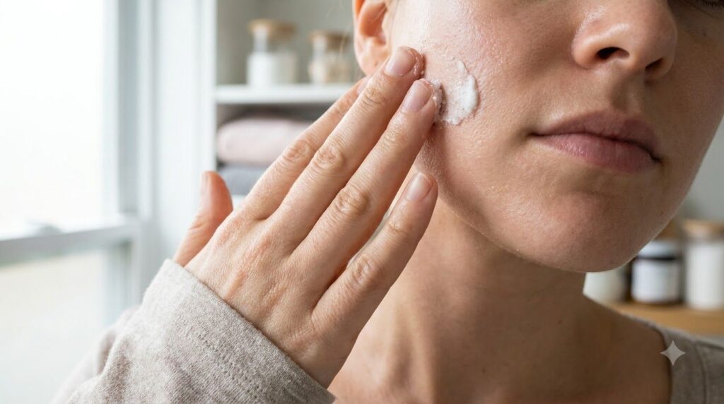 A close-up of a hand gently applying a white baking soda paste to clean skin on a cheek with a soft focus background